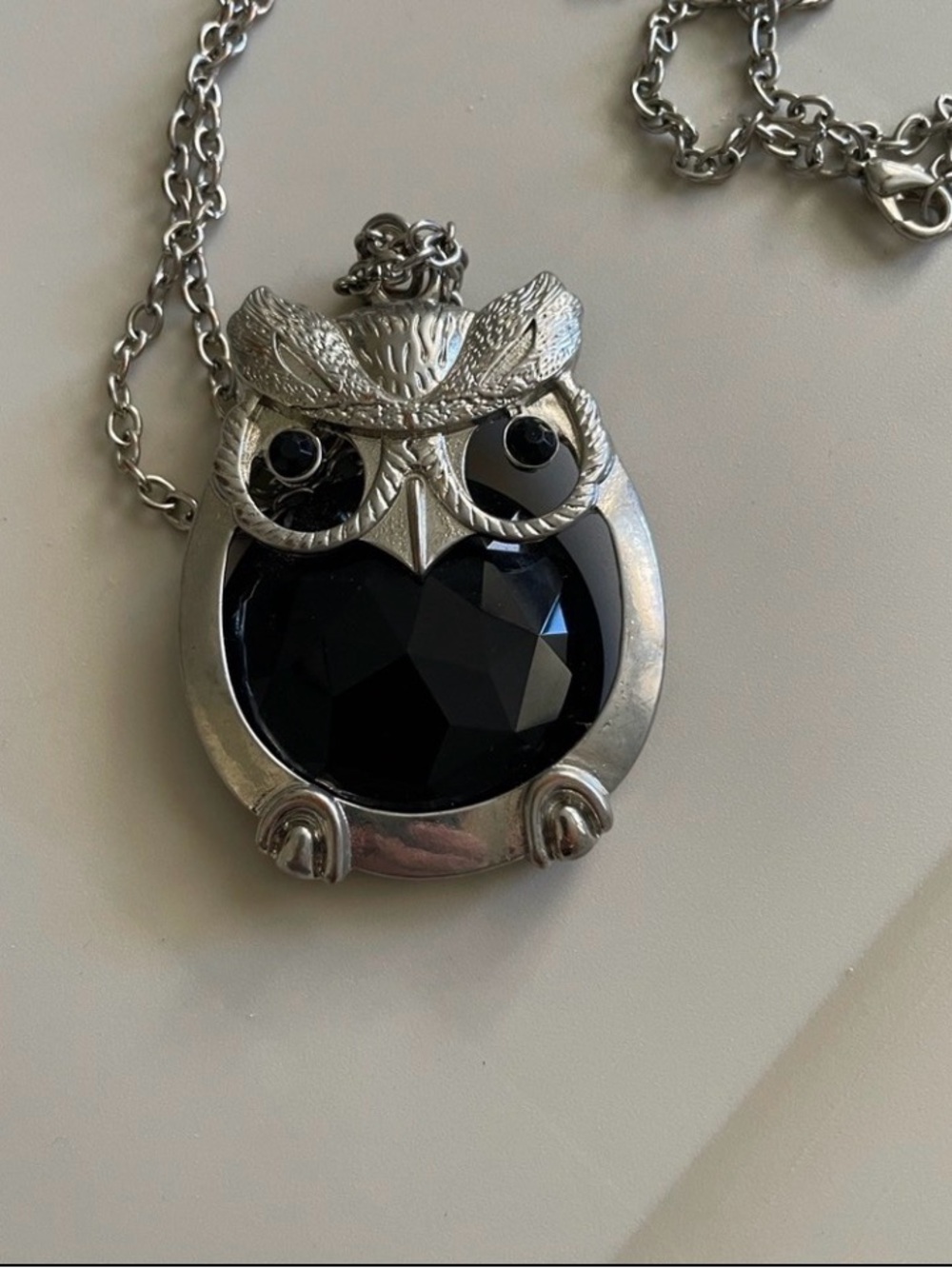Silver Owl Pendant Necklace with Black Gemstone - Women's Jewelry